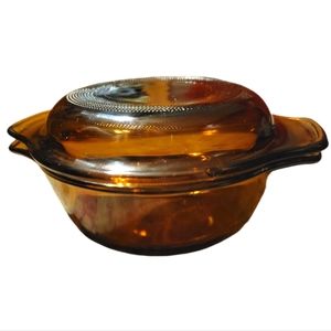 Vtg Anchor Hocking Amber Glass Oven Proof Lidded Small Crock Pot Bowl Casserole